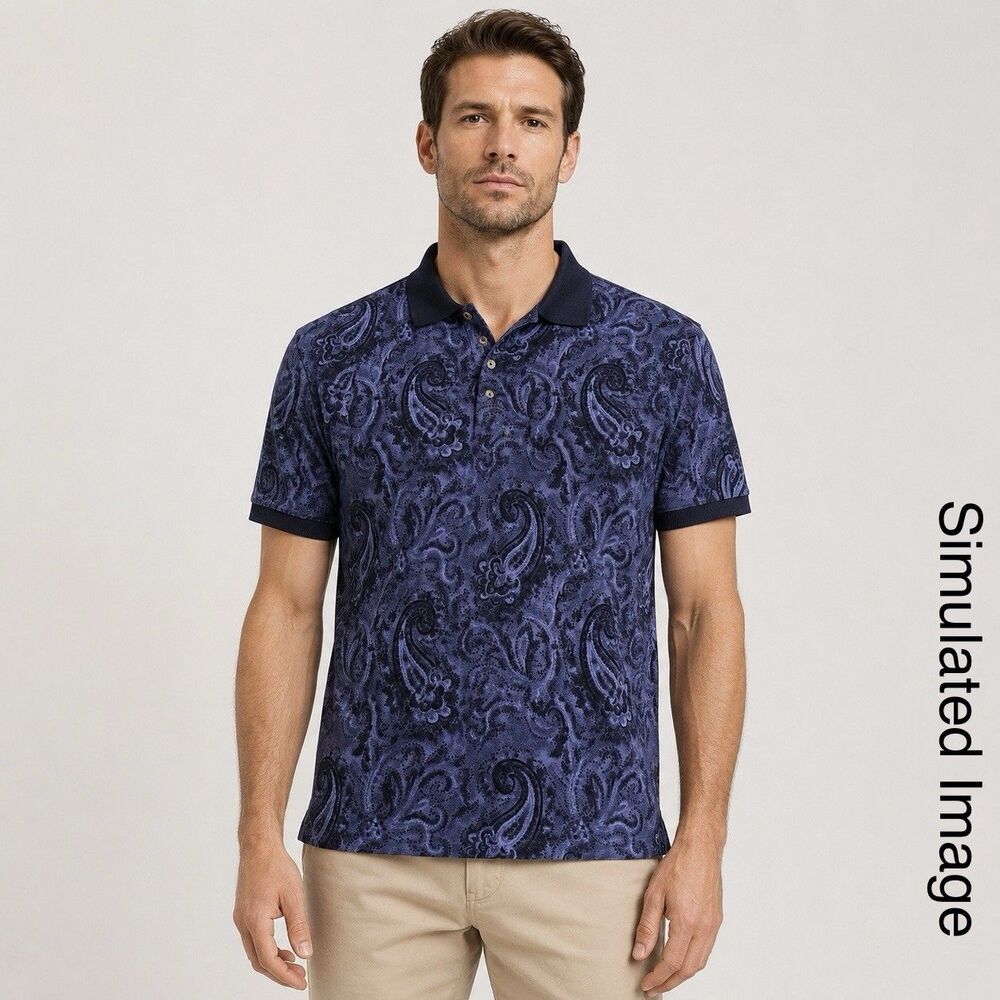 Vintage GANT Paisley Polo Shirt Men LT Tall Blue Black Cotton USA Islands